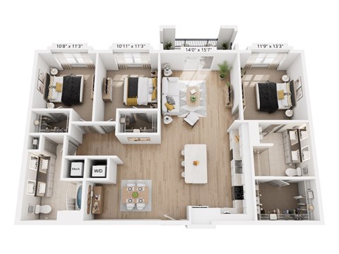 Floor plan for 3 beds, 2 baths, 1444 sqft